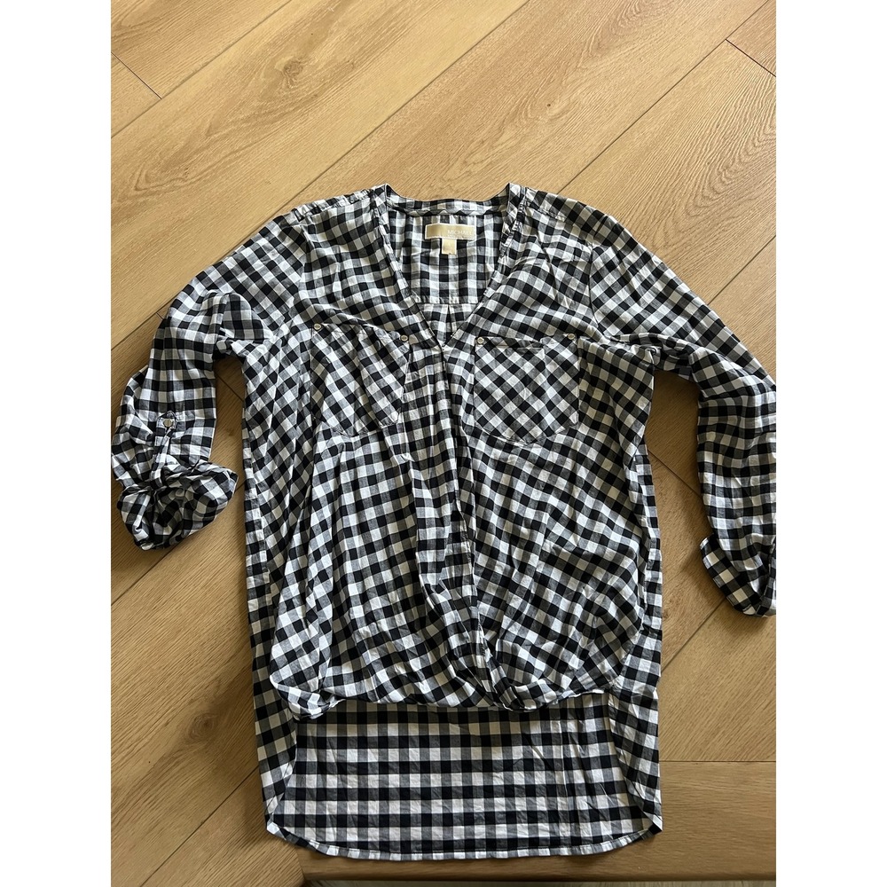 Michael Kors Black White Gingham Plaid Long Sleeve Top Blouse Size‎ S